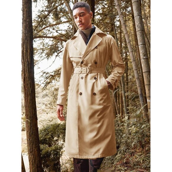 Mens Khaki  Double Breasted Belted Windbreaker Jackets Lapel Trench Coat - Picture 3 of 5